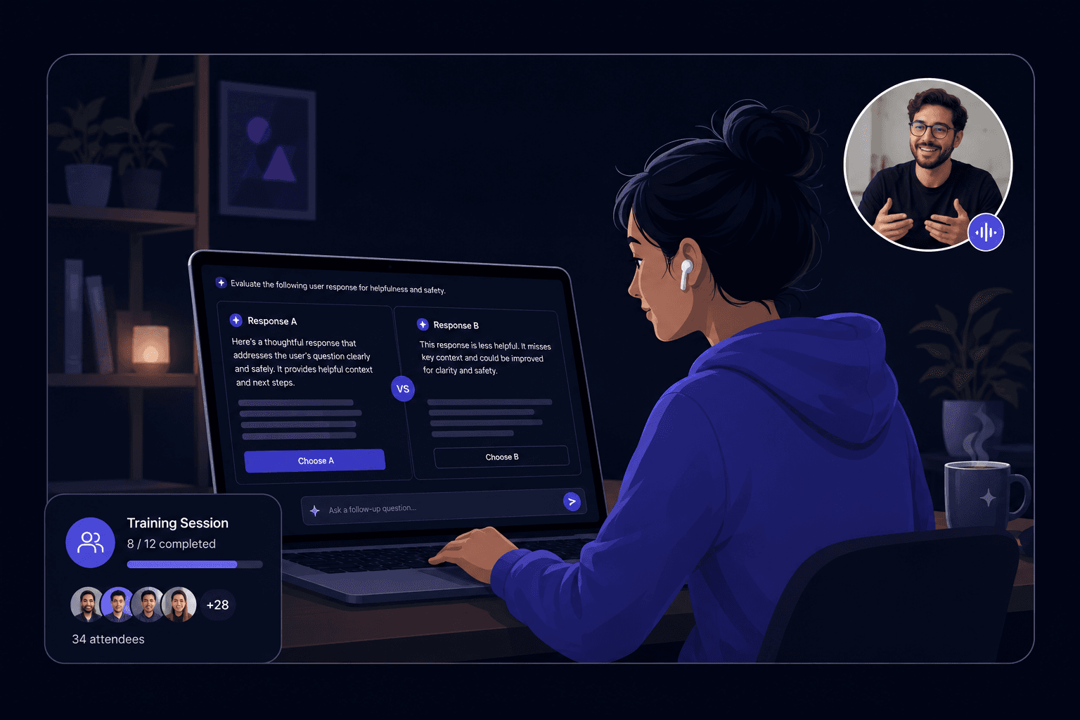 A trainee evaluating two AI responses side-by-side during a live training session
